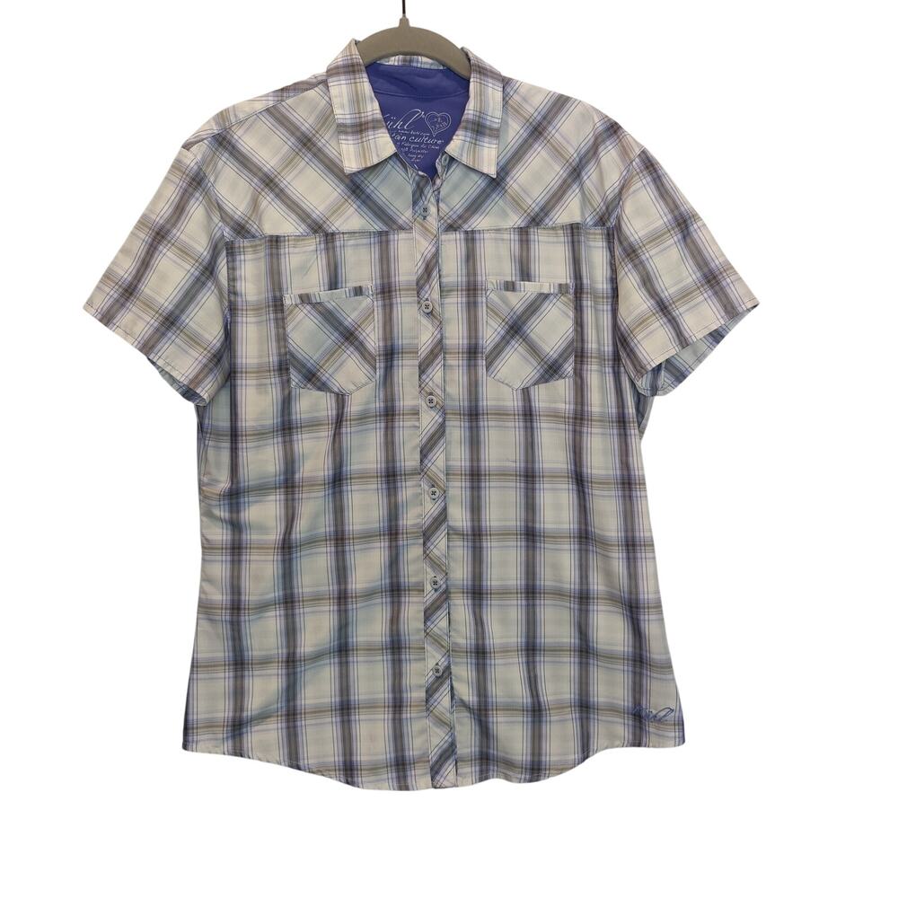 Kuhl Women's Sz L Ionik Performance Short Sleeve Button Up Shirt Blue Grey Plaid